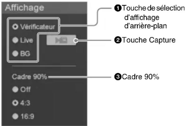 Affichage Vérificateur Live BG Cadre 90% Off 4:3 16:9 ①Touche de sélection d'affichage d'arrière-plan ②Touche Capture ③Cadre 90%