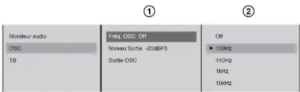 Moniteur audio OSC TB Freq. OSC Off Niveau Sortie -20dBFS Sortie OSC Off ► 100Hz 440Hz 1kHz 10kHz