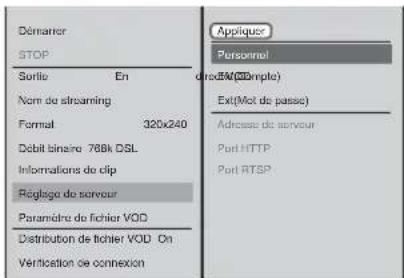 Démarer STOP Surfile En Nom de streaming Format 320x240 Débit binaire 768k DSL Informations de clip Réglage de serveur Paramètre de fichier VOD Distribution de fichier VOD On Verification de connexion Applique Personnel UrodTM(Composite) Ext(Mot de passe) Adresse de serveur Port HTTP Port RTSP