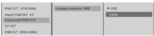 PGM OUT NTSC/60Hz Aspect PGM OUT 4:3 Niveau sortie PGM OUT DV OUT RGB OUT SXGA (60Hz) Décalage luminanos 0IRE ► 0IRE 7.5IRE