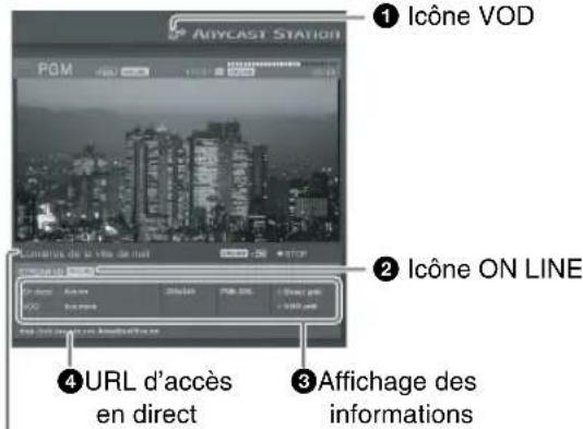 1 Icône VOD 2 Icône ON LINE 4 URL d'accès en direct 3 Affichage des informations