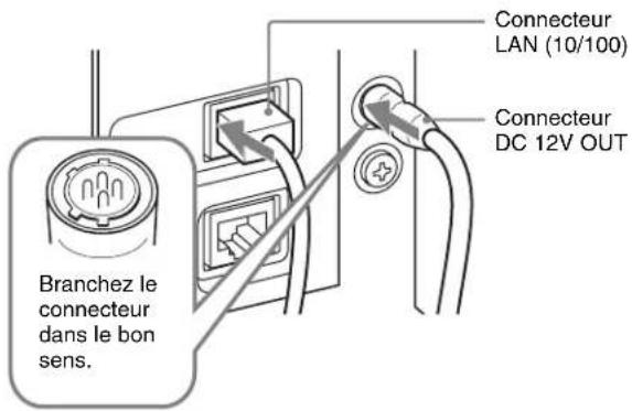 Branchez le connecteur dans le bon sens. Connecteur LAN (10/100) Connecteur DC 12V OUT