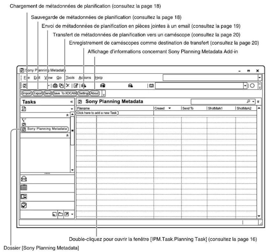 Chargement de métadonnées de planification (consultez la page 18) Sauvegarde de métadonnées de planification (consultez la page 18) Envoi de métadonnées de planification en pièces jointes à un email (consultez la page 19) Transfert de métadonnées de planification vers un caméscope (consultez la page 20) Enregistrement de caméscopes comme destination de transfert (consultez la page 20) Affichage d'informations concernant Sony Planning Metadata Add-in Sony Planning Metadata Tasks << Sony Planning Metadata Filename Creased Send To ShotMark1 ShotMark2 Click here to add a new Task Sony Planning Metadata Double-cliquez pour ouvrir la fenêtre [IPM.Task.Planning Task] (consultez la page 16) Dossier [Sony Planning Metadata]