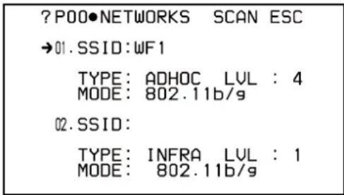?POO●NETWORKS SCAN ESC →01.SSID:WF1 TYPE: ADHOC LVL : 4 MODE: 802.11b/g 02.SSID: TYPE: INFRA LVL : 1 MODE: 802.11b/g