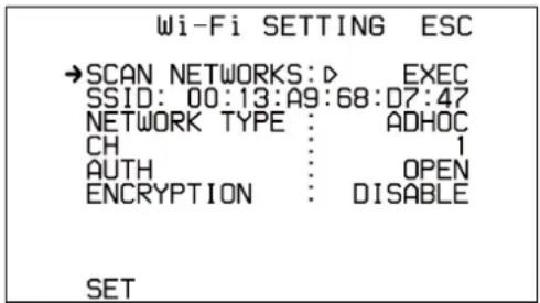 Wi-Fi SETTING ESC →SCAN .NETWORKS:▷ EXEC SSID: 00:13:A9:68:D7:47 NETWORK TYPE : ADHOC CH : 1 AUTH : OPEN ENCRYPTION : DISABLE SET