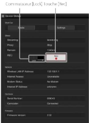 Commutateur [Lock] Touche [Rec] Device Status Short Det Access Settings Status Streaming: Monitoring Proxy: Stop Remain: 1540nm REC: Rec Network Wireless LAN IP Address: 192 168.1.1 Internet Access: Unavailable Modem Status: No Modem Internet IP Address: unknown Hardware Serial Number: 000043 Camcodon: Connected Firmware Firmware Version: 2.50