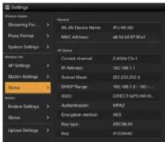 Settings Welcome Name Screening For... Proxy Format System Settings AP Settings Station Settings Status Modern Settings Status Upload Settings General Wi-Fi Device Name IFU-WI-103 MAC Address:a8-54-b0-97-Ba1 Air Data Current channel 2.43Hz Ch-1 IP Address: 192.168.1.1 Submit Mask: 255.255.255.0 DHCP Range: 192.168.1.2 - 192.1... SSID: DIRECT-I&PO-WA-10... Authentication: WFA2 Encryption method: AES Key type: ASCII-54 Key: A1294540