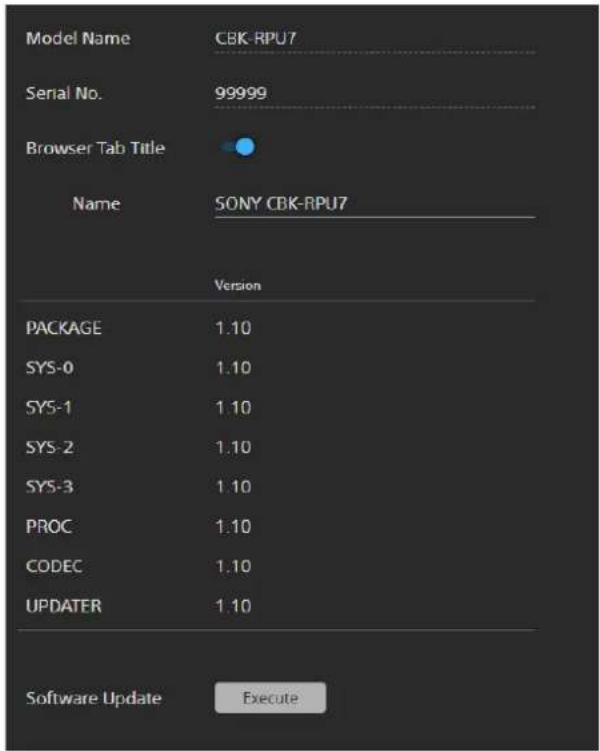 Model Name CBK-RPU7 Serial No. 99999 Browser Tab Title Name SONY CBK-RPU7 Version PACKAGE 1.10 SYS-0 1.10 SYS-1 1.10 SYS-2 1.10 SYS-3 1.10 PROC 1.10 CODEC 1.10 UPDATER 1.10 Software Update Execute