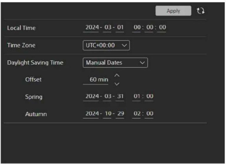 Local Time 2024- 03 - 01 00 : 00 : 00 Time Zone UTC+00:00 Daylight Saving Time Manual Dates Offset 60 min Spring 2024- 03 - 31 01 : 00 Autumn 2024- 10 - 29 02 : 00 Apply