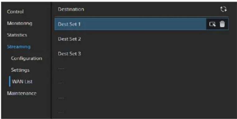 Control Monitoring Statistics Streaming Configuration Settings WAN List Maintenance Destination Dest Set 1 Dest Set 2 Dest Set 3