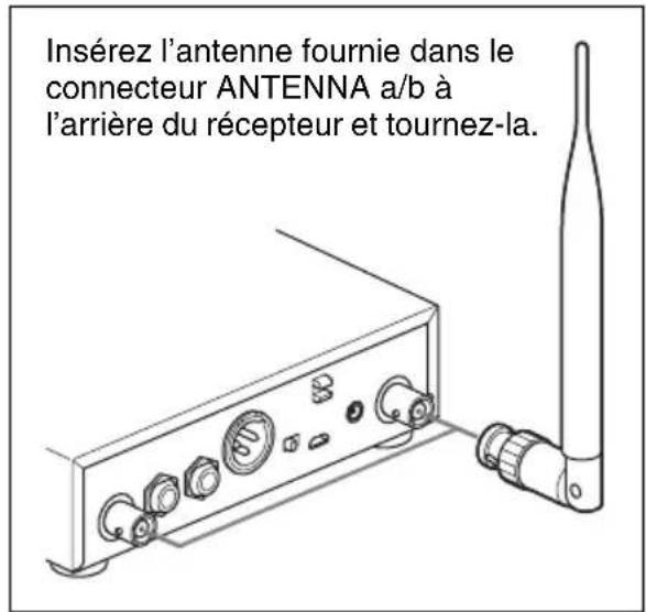 Insérez l'antenne fournie dans le connecteur ANTENNA a/b à l'arrière du récepteur et tournez-la.