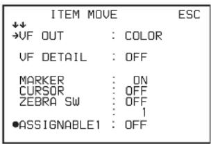 ITEM MOVE ESC ↓↓ →UF OUT : COLOR UF DETAIL : OFF MARKER : ON CURSOR : OFF ZEBRA SW : OFF : 1 ●ASSIGNABLE1 : OFF