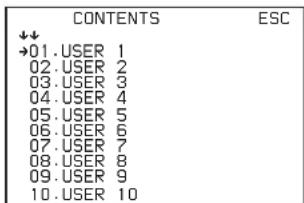 CONTENTS ESC ↓↓ →01.USER 1 02.USER 2 03.USER 3 04.USER 4 05.USER 5 06.USER 6 07.USER 7 08.USER 8 09.USER 9 10.USER 10