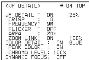 → 04 TOP VF DETAIL : ON 25% CRISP : 0 FREQUENCY: 9M FLICKER : OFF AREA : 70% ZOOM LINK : ON 100% COLOR DETAIL : ON BLUE PEAK COLOR : ON CHROMA LEVEL : 100% DYNAMIC FOCUS : OFF