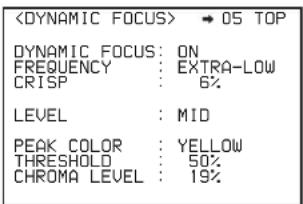 → 05 TOP DYNAMIC FOCUS: ON FREQUENCY : EXTRA-LOW CRISP : 6% LEVEL : MID PEAK COLOR : YELLOW THRESHOLD : 50% CHROMA LEVEL : 19%