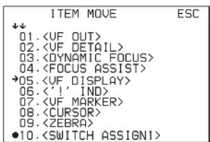 ITEM MOVE ESC ↓↓ 01.〈UF OUT〉 02.〈UF DETAIL〉 03.〈DYNAMIC Focus〉 04.〈FOCUS ASSIST〉 →05.〈UF DISPLAY〉 06.〈‘’ IND〉 07.〈UF MARKER〉 08.〈CURSOR〉 09.〈ZEBRA〉 ●10.〈SWITCH ASSIGN1〉