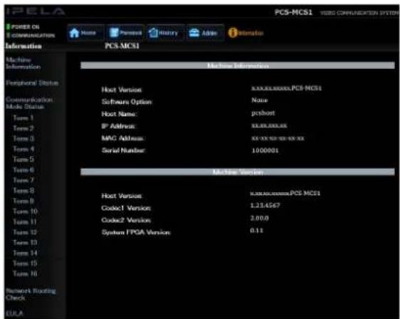 POWER ON Communication Information PCS-MCS1 Machine Information Host Version: XXXXSLXXX-PCS-MCS1 Software Option: None Host Name: pcshout IP Address: XXXXSLXXX MAC Address: XX-XX-XX-XX-XX Serial Number: 1000001 MOSI Version: Host Version: XXXXSLXXX-PCS-MCS1 Codec1 Version: 1.234567 Codec2 Version: 2.00.0 System IPGA Version: 0.13