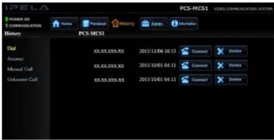 IPELA POWER ON COMMUNICATION Hanna Prevision History Admin Information PCS-MCS1 History PCS-MCS1 Dial Accumor Miscased Call Unknown Call XX.XX.XXX.XX 2015/11/06 16:53 Connect Delete XX.XX.XXX.XX 2015/10/01 04:11 Connect Delete XX.XX.XXX.XX 2015/10/01 04:11 Connect Delete