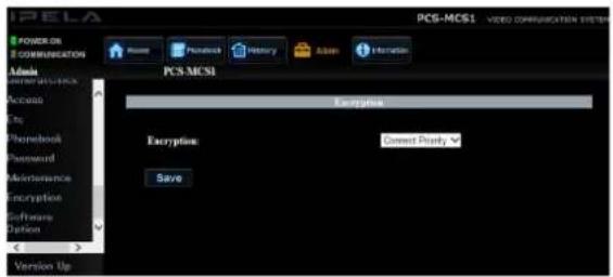 PELA POWER OR COMMUNICATION Name Prevalence History Admin Information Admin PCS-MCS1 Access Access Phonebook Password Maintenance Encryption Software Option Version Up Encryption Accept Study Save