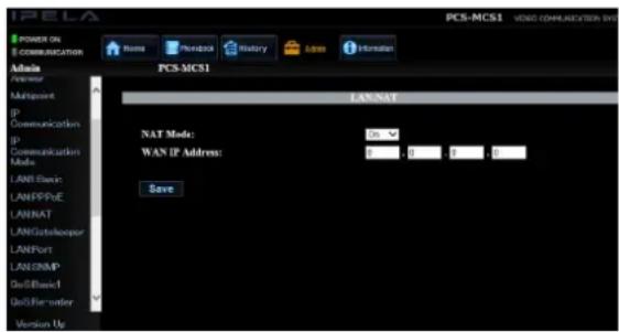 POWER ON COMMUNICATION Admin Name Frenbach History Idem Information PCS-MCS1 MATPOINT gp Communication gp Communications Mada LAN Basic LANPPPoE LANNAT LANDataServer LANPort LANENMP GeoSBasic1 GeoIE-Order Version Up LANTAT NAT Media: WAN IP Address: Save