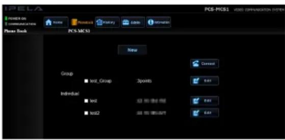 IPELA POWER ON COMMUNICATIONS Name Powertrain Factory Admin Information Phone Book PCS-MCS1 New Group ■ Init_Group 3points Individual ■ Init2 ■ Init3 Edit Edit Edit