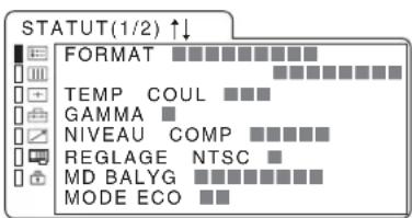 STATUT(1/2) ↑↓ FORMAT TEMP COUL GAMMA NIVEAU COMP REGLAGE NTSC MD BALYG MODE ECO