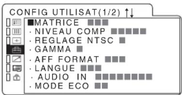 CONFIG UTILISAT(1/2) ↑↓ ■ MATRICE ■■■ - NIVEAU COMP ■■■■■■ - REGLAGE NTSC ■ - GAMMA ■ - AFF FORMAT ■■■ - LANGUE ■■■ - AUDIO IN ■■■■■■■■ - MODE ECO ■■
