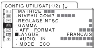 CONFIG UTILISAT(1/2) ↑↓ • MATRICE • NIVEAU COMP • REGLAGE NTSC • GAMMA • AFF FORMAT ■ LANGUE FRANÇAIS • AUDIO IN • MODE ECO