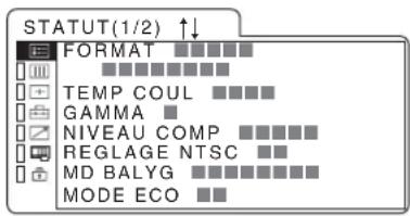 STATUT(1/2) ↑↓ FORMAT TEMP COUL GAMMA NIVEAU COMP REGLAGE NTSC MD BALYG MODE ECO
