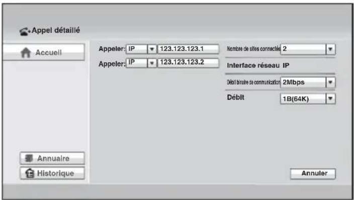 Appel détaillé Accueil Appeler: IP 123.123.123.1 Nombre de sits connectés 2 Appeler: IP 123.123.123.2 Interface réseau IP Débit bitrate de communication 2Mbps Débit 1B(64K) Annulaire Historique Annuler