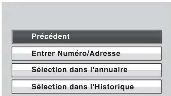 Précédent Entrer Numéro/Adresse Sélection dans l'annuaire Sélection dans l'Historique