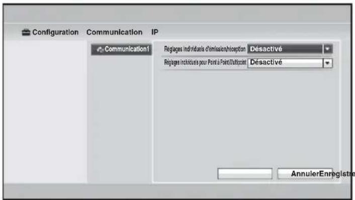 Configuration Communication IP Communication1 Réplaçes individuels d'émission/Inception Désactivé Réplaçes individués pour Point à Point/Volipoint Désactivé AnnulerEnregistre