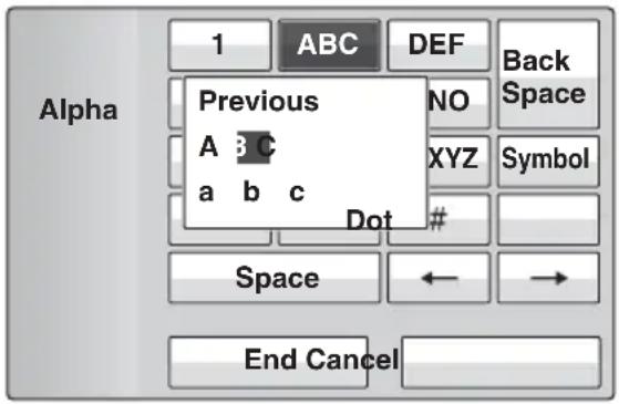 Alpha 1 ABC DEF Back A B C NO a b c XYZ Symbol Dot # Space ← → End Cancel