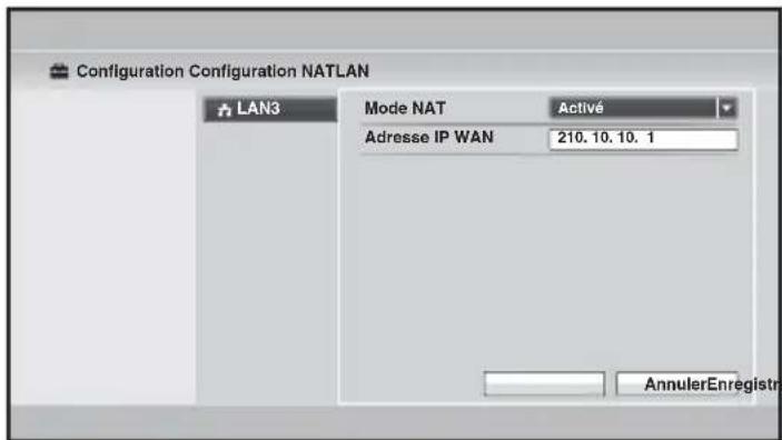 Configuration Configuration NATLAN LAN3 Mode NAT Activé Adresse IP WAN 210.10.10.1 AnnulerEnregistrat