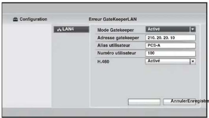 Configuration Erreur GateKeeperLAN LAN4 Mode Gatekeeper Activé Adresse gatekeeper 210. 20. 20. 10 Alias utilisateur PCS-A Numéro utilisateur 100 H.460 Activé AnnulerEnregistre