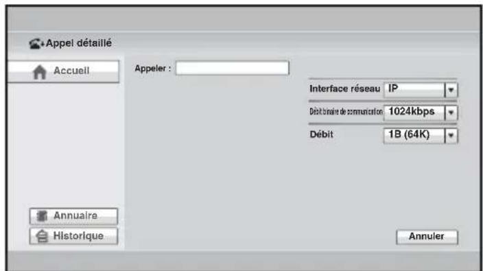 Appel détaillé Accueil Appeler : Interface réseau IP Débit finale de communication 1024kbps Débit 1B (64K) Annuaire Historique Annuler
