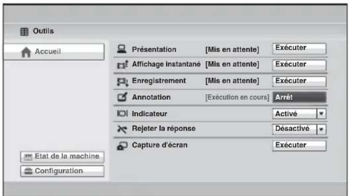 Outils Accueil Présentation [Mis en attente] Exécuter Affichage instantané [Mis en attente] Exécuter Enregistrement [Mis en attente] Exécuter Annotation [Exécution en cours] Arrêt Indicateur Activé Rejeter la réponse Désactivé Capture d'écran Exécuter Etat de la machine Configuration