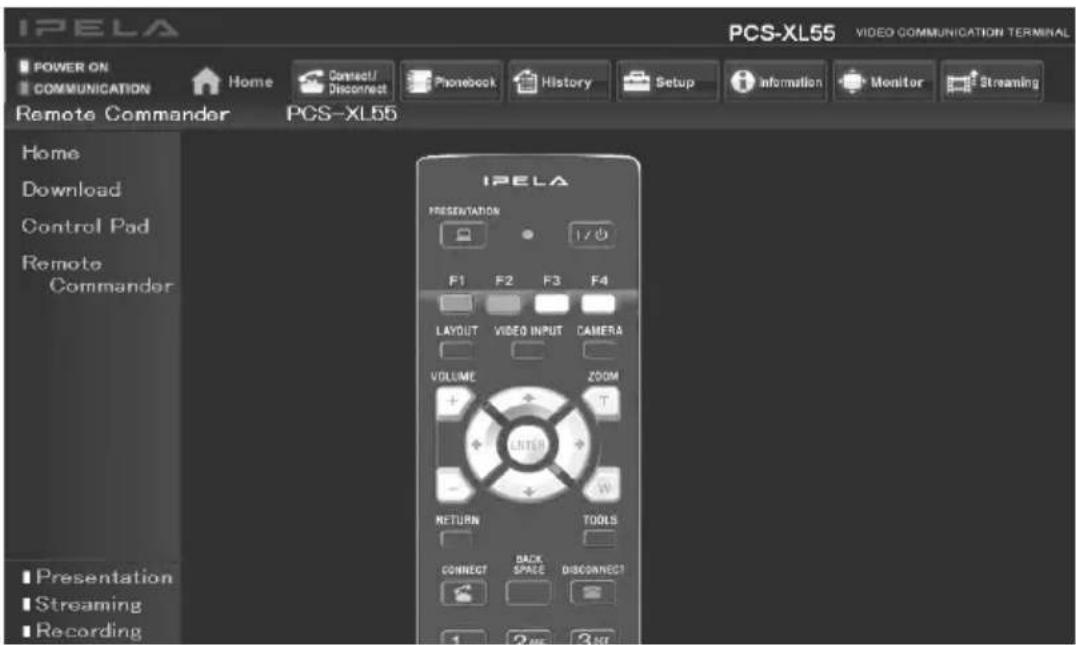 IPELA POWER ON COMMUNICATION Home Connect/Disconnect Phonebook History Setup Information Monitor Streaming Remote Commander PCS-XL55 Home Download Control Pad Remote Commander IPELA PRESENTATION F1 F2 F3 F4 LAYOUT VIDEO INPUT CAMERA VOLUME ZOOM + - RETURN TOOLS CONNECT BACK SPACE DISCONNECT 1 2 3 4 Presentation Streaming Recording
