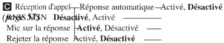 C Réception d'appel—Réponse automatique—Activé, Désactivé (page 578N Désactivé, Activé ——— Mic sur la réponse Activé, Désactivé ——— Rejeter la réponse Activé, Désactivé ———
