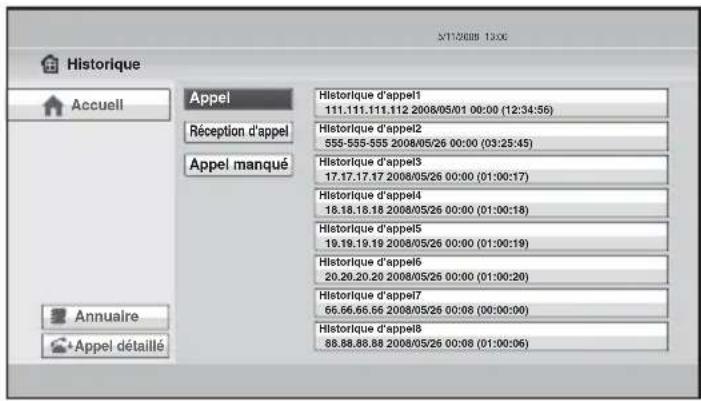 3/12/2008 13:00 Historique Accueil Appel Réception d'appel Appel manqué Historique d'appel1 111.111.111.112 2008/05/01 00:00 (12:34:56) Historique d'appel2 555-555-555 2008/05/26 00:00 (03:25:45) Historique d'appel3 17.17.17.17 2008/05/26 00:00 (01:00:17) Historique d'appel4 18.18.18.18 2008/05/26 00:00 (01:00:18) Historique d'appel5 19.19.19.19 2008/05/26 00:00 (01:00:19) Historique d'appel6 20.20.20.20 2008/05/26 00:00 (01:00:20) Historique d'appel7 66.66.66.66 2008/05/26 00:08 (00:00:00) Historique d'appel8 88.88.88.88 2008/05/26 00:08 (01:00:06) Annuaire Appel détaillé