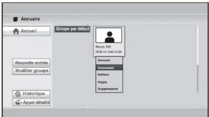 Annuaire Accueil Groupe par défaut Room 101 ISDN 01-2345-6789 Annuler Connector Edition Copie Suppression Nouvelle entrée Modifier groupe Historique Appel détaillé