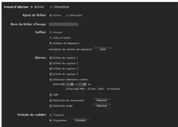 SONY SNT-EX104 - - Paramétrage du mode d'envoi d'un e-mail lors de la détention d'une alarme - 1