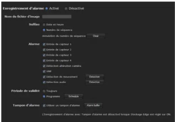 SONY SNT-EX104 - Onglet Enregistrement d'alarme — Paramétrage de la fonction de mémoire d'image lors de la détéction d'une alarme - 1