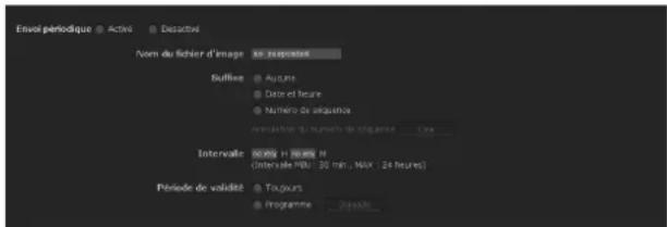 Envoi périodique Activé Desactivé Nenm du fichier d'image in respectants Buffies Autume Date et heure Numéro de séquisto Érconstisés 10 percent de séquisto Cus Intervalle 90.056 H 90.056 N (Intervalle MHz: 20 min, MAX: 24 heures) Période de validité Toujours Programme Deoxy
