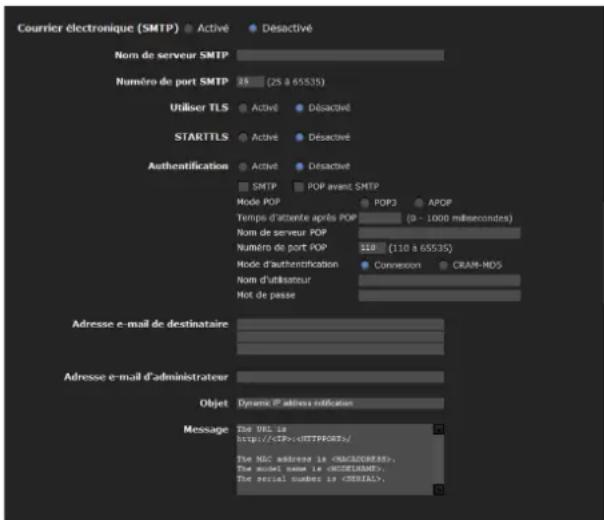 Courier électronique (SMTP) Nom de serveur SMTP Numéro de port SMTP 28 (25 à 65535) Utiliser TLS STARTTLS Authentication Mode POP Tempis d'attente après POP Nom de serveur POP Numéro de port POP Mode d'authentication Nom d'utilisateur Hot de passe Adresse e-mail de destinataire Adresse e-mail d'administrateur Objet Dynexe l'adress notification Message TIE URL is http://CEP- The MSC address is The mouse name is The serial number is