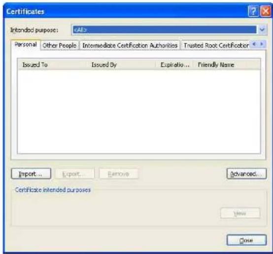 SONY SNC-ZP550 - Sur Internet Explorer, cliquez dans l'ordre sur Tools, Internet options, Content tab, puis Certificates. La boîte de dialogue Certificates apparaît. - 1