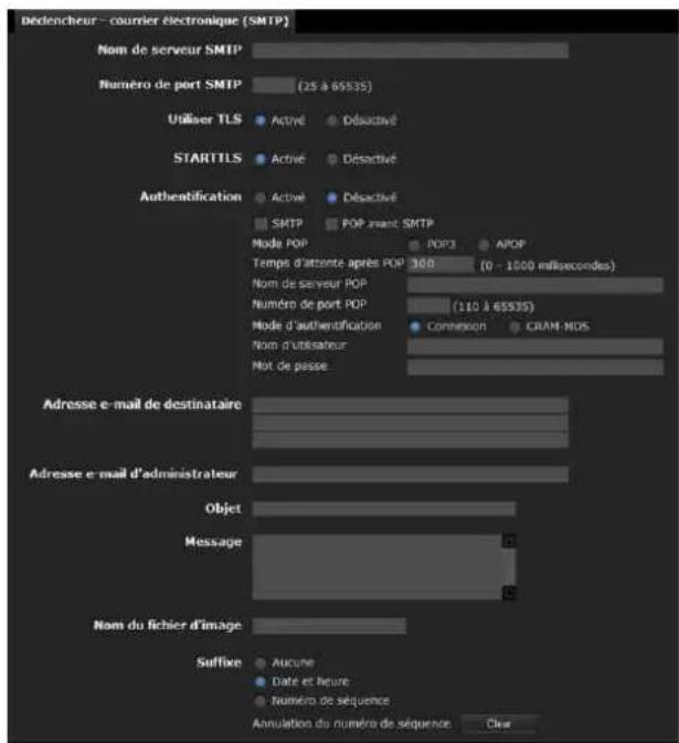 Dédocheur-courrier électronique (SMTP) Nom de serveur SMTP Numéro de port SMTP (25 à 65535) Utiliser TLS Active Déactivé STARTTLS Active Déactivé Authentication Active Déactivé SMTP POP avant SMTP Moda POP POP3 APOP Temps d'attente après POP 300 (0 - 1000 millisecodes) Nom de serveur POP Numéro de port POP (110 à 65535) Mode d'authentification Connexion CRAM-NDS Nom d'utilisateur Not de passe Adresse e-mail de destinataire Adresse e-mail d'administrateur Objet Message Nom du fichier d'image Suffixe Aucune Date et heure Numéro de séquence Annulation du numéro de séquence Clear