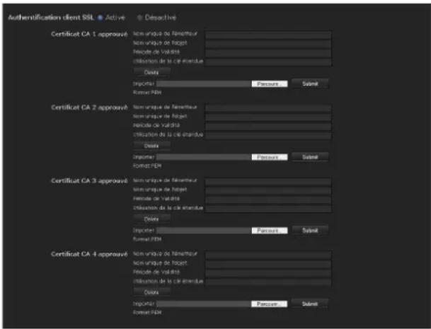 Authentication client SSL Active Depositive Certificat CA 1 approuvé Nom unique de l'ensefrique Nom unique de l'objet Férvaise de Valétrie Utilisation de la cie entrantue Délore Importer Format Submit Certificat CA 2 approuvé Nom unique de l'ensefrique Nom unique de l'objet Férvaise de Valétrie Utilisation de la cie entrantue Délore Importer Format Submit Certificat CA 3 approuvé Nom unique de l'ensefrique Nom unique de l'objet Férvaise de Valétrie Utilisation de la cie entrantue Délore Importer Format Submit Certificat CA 4 approuvé Nom unique de l'ensefrique Nom unique de l'objet Férvaise de Valétrie Utilisation de la cie entrantue Délore Importer Format Submit