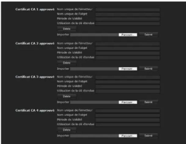 Certificat CA 1 approuvé Nom unique de l'émetteur Nom unique de l'objet Période de Validité Utilisation de la dé étendue Delete Importer Parcours... Submit Certificat CA 2 approuvé Nom unique de l'émetteur Nom unique de l'objet Période de Validité Utilisation de la dé étendue Delete Importer Parcours... Submit Certificat CA 3 approuvé Nom unique de l'émetteur Nom unique de l'objet Période de Validité Utilisation de la dé étendue Delete Importer Parcours... Submit Certificat CA 4 approuvé Nom unique de l'émetteur Nom unique de l'objet Période de Validité Utilisation de la dé étendue Delete Importer Parcours... Submit