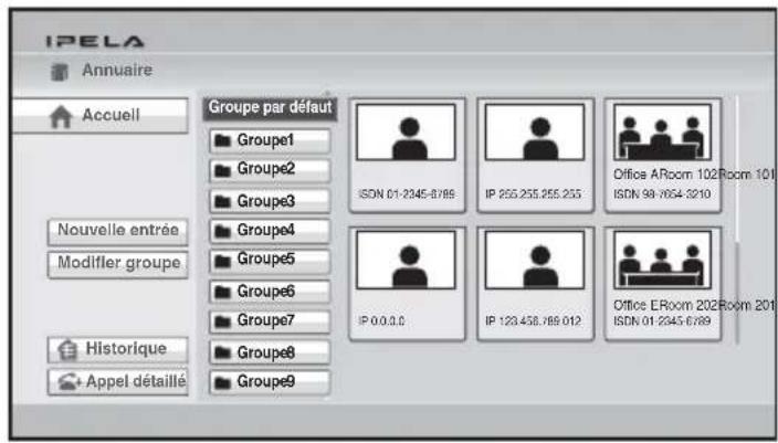 IPELA Annuaire Accueil Groupe par défaut Groupe1 Groupe2 Groupe3 Groupe4 Groupe5 Groupe6 Groupe7 Groupe8 Groupe9 Nouvelle entrée Modifier groupe Historique Appel détaillé ISDN 01-2345-8789 IP 255.255.255.255 IP 0.0.1.0 IP 123.438.789.012 Office ARoom 102Room 101 ISDN 98-7654-3210 Office ERoom 202Room 201 ISDN 01-2345-6789